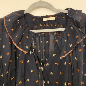 DÔEN navy Ethel Ruffled Embroidered Organic Cotton-Voile Blouse